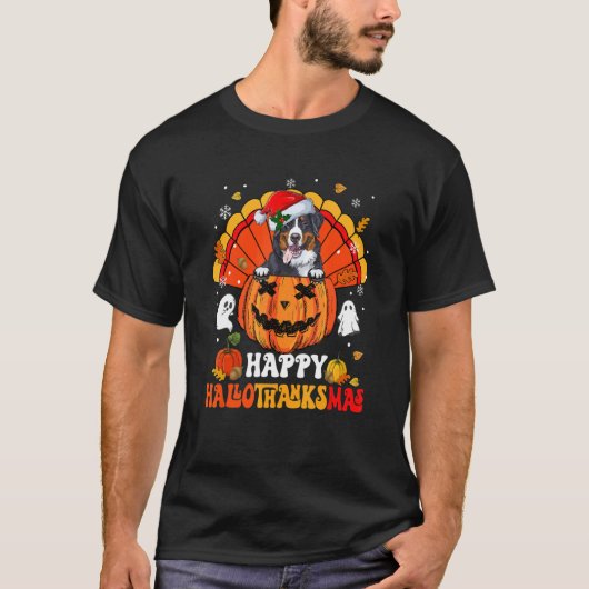 Bernese Mountain Dog Happy Hallothanksmas Hallowee Tシャツ (正面)