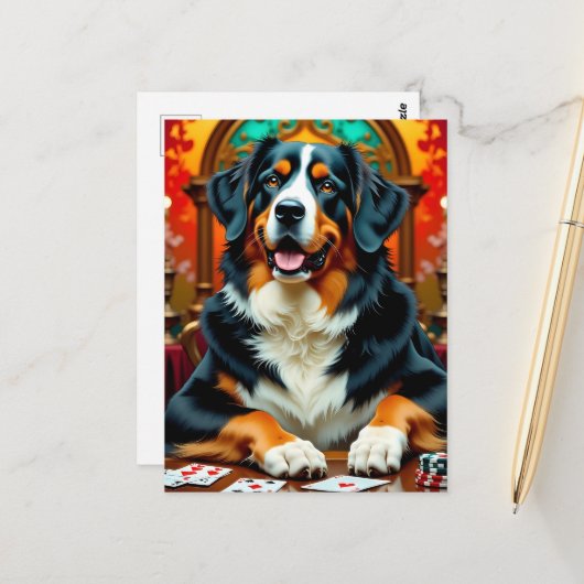 Bernese Mountain Dog playing Poker ポストカード (正面/裏面インサイチュ)