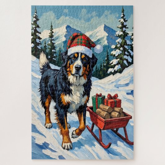 Bernese Mountain Dog Pulling Christmas Sled Hat ジグソーパズル (縦)