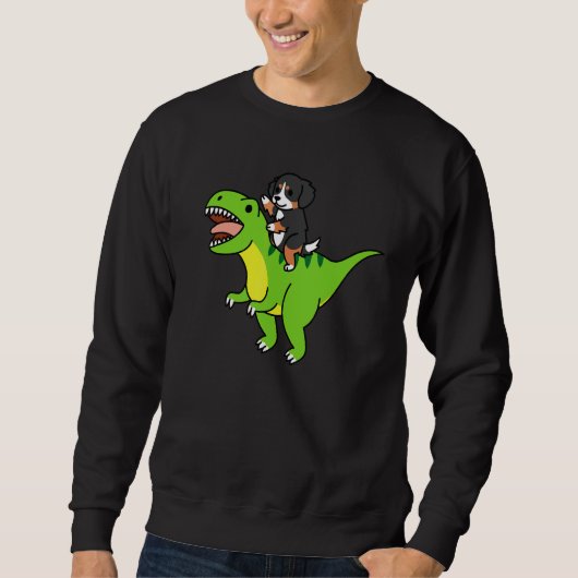 Bernese Mountain Dog Riding Rex Dinosaur Dog スウェットシャツ (正面)