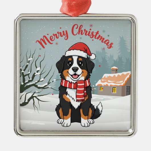 Bernese Mountain Dog Snowy Christmas Doodle メタルオーナメント (正面)