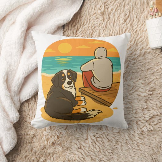 Bernese Mountain Dog Sunset Beach Companion クッション (ブランケット)