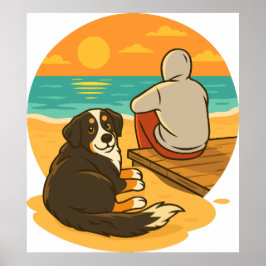 Bernese Mountain Dog Sunset Beach Companion ポスター