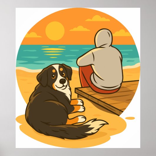 Bernese Mountain Dog Sunset Beach Companion ポスター (正面)