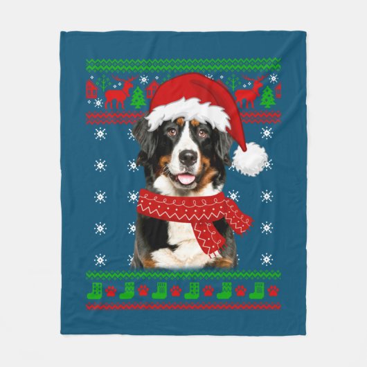 Bernese Mountain Dog Ugly Sweater Christmas Puppy フリースブランケット (正面)