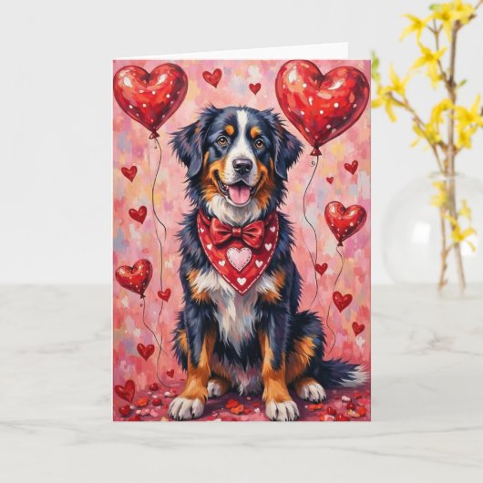 Bernese Mountain Dog Valentine’s Day with Hearts カード (黄色い花)