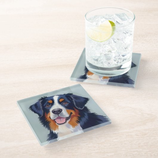 Bernese Mountain Dog | Watercolor Painting ガラスコースター (アングル)