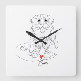 Bernese Mountain Dog with Heart Line Art スクエア壁時計