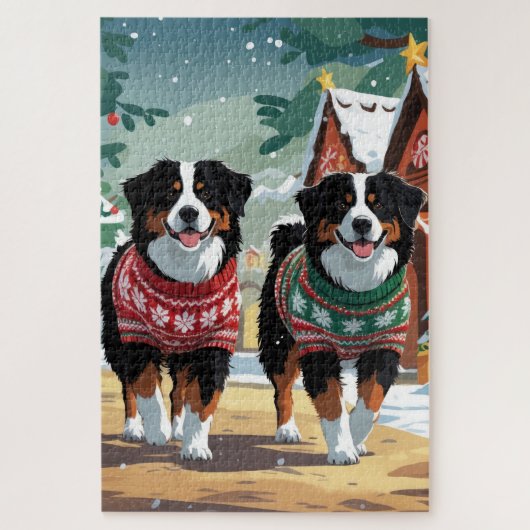 Bernese Mountain Dogs Christmas Snow Holiday ジグソーパズル (縦)