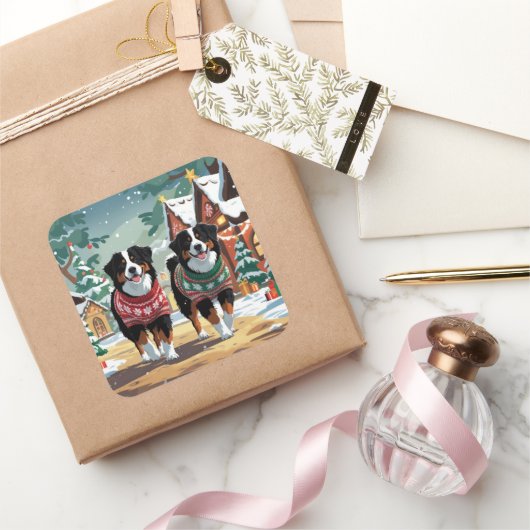 Bernese Mountain Dogs Christmas Snow Holiday スクエアシール (ギフト)