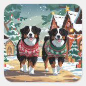 Bernese Mountain Dogs Christmas Snow Holiday スクエアシール (正面)