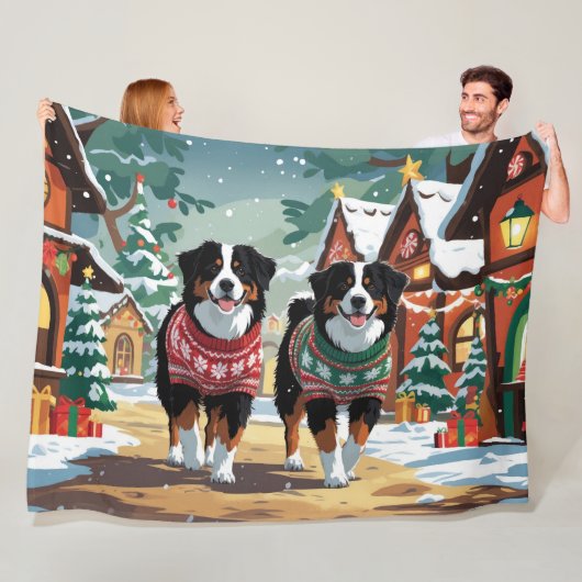 Bernese Mountain Dogs Christmas Snow Holiday フリースブランケット (インサイチュ)