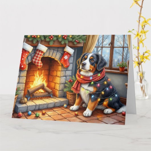 Bernese Mountain Fireplace with Christmas Lights カード (黄色い花)