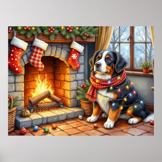 Bernese Mountain Fireplace with Christmas Lights ポスター (正面)