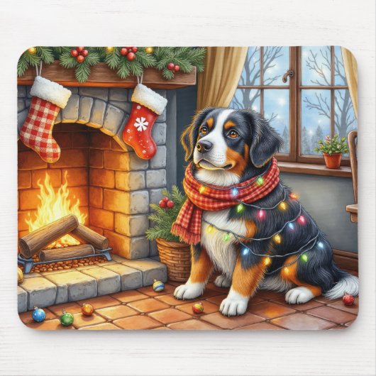 Bernese Mountain Fireplace with Christmas Lights マウスパッド (正面)
