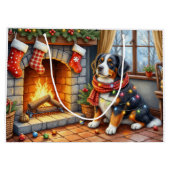 Bernese Mountain Fireplace with Christmas Lights ラージペーパーバッグ (裏面)