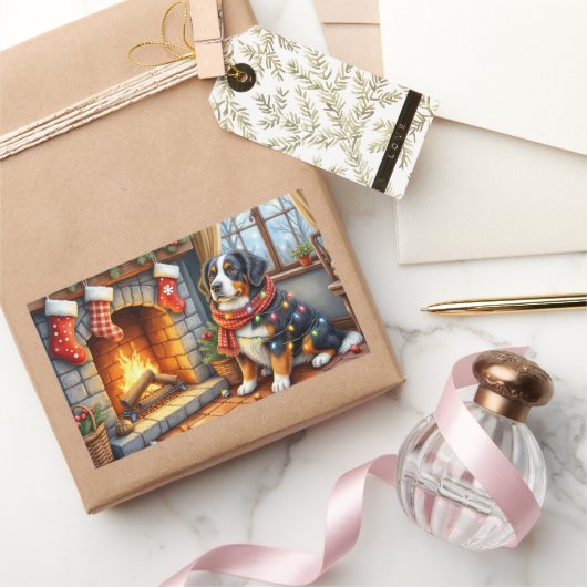 Bernese Mountain Fireplace with Christmas Lights 長方形シール (ギフト)