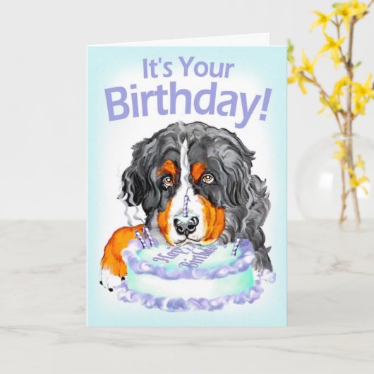Bernese Mt犬のケーキの顔の誕生日 カード (黄色い花)