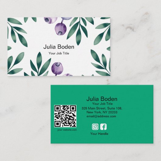 Berries and Branches Watercolor Foliage 名刺 (正面/裏面)