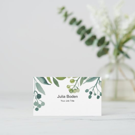 Berries and Branches Watercolor Green Foliage 名刺 (スタンド正面)