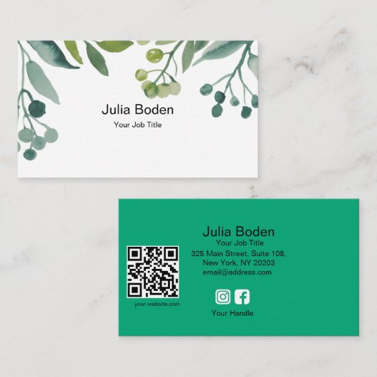 Berries and Branches Watercolor Green Foliage 名刺 (正面/裏面)