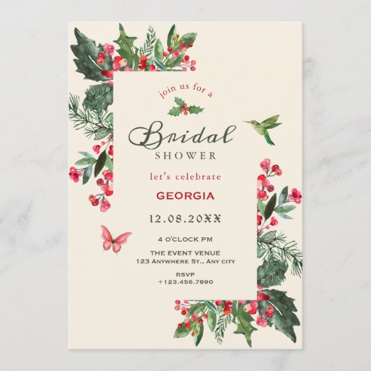 Berries branch floral bridal shower 招待状 (正面)