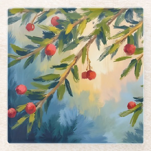 Berries & Greenery | Merry Christmas ガラスコースター (正面)