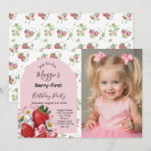 Berry 1st Birthday Strawberry Girl Party 招待状 (正面/裏面)
