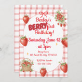 Berry 1st Birthday Watercolor Strawberry  招待状 (正面/裏面)