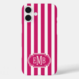 Berry and White Monogrammed Stripes iPhone 16 Plusケース