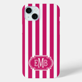 Berry and White Monogrammed Stripes iPhone 15 Miniケース