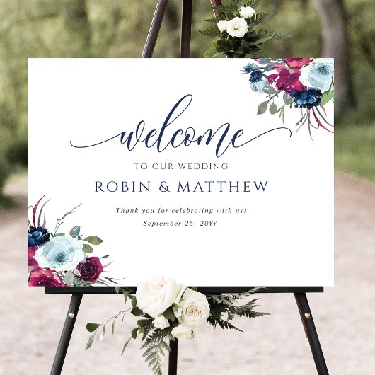 Berry, Blue, Burgundy Floral Welcome Wedding Sign ポスター