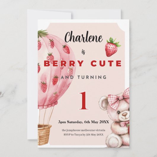Berry Cute First Birthday Invitation • Strawberry カード (正面)