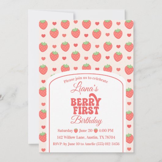 Berry First | いちごの女の子の1歳の誕生日パーティー 招待状 (正面)