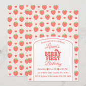 Berry First | いちごの女の子の1歳の誕生日パーティー 招待状 (正面/裏面)