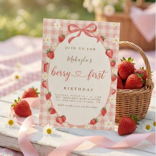 Berry First いちご ピンクギンガム 1歳の誕生日 招待状