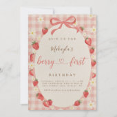 Berry First いちご ピンクギンガム 1歳の誕生日 招待状 (正面)