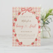 Berry First いちご ピンクギンガム 1歳の誕生日 招待状 (スタンド正面)