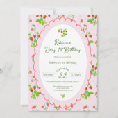Berry First 1st Birthday Strawberry & Pink 招待状 (正面)