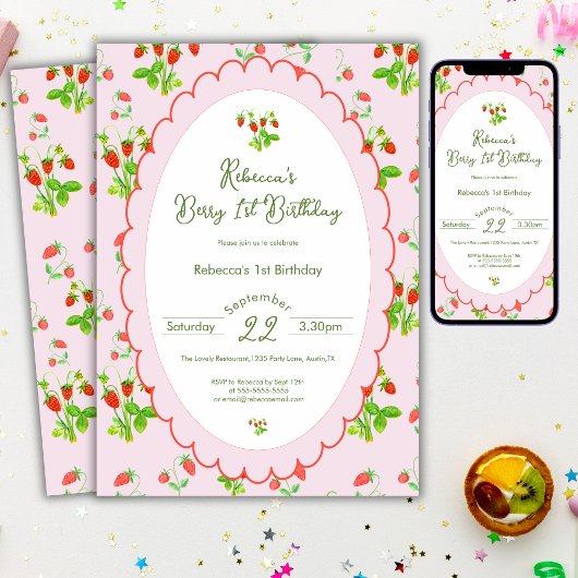 Berry First 1st Birthday Strawberry & Pink 招待状