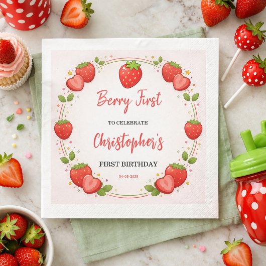 Berry First Birthday|いちごの1歳の誕生日 スタンダードカクテルナプキン