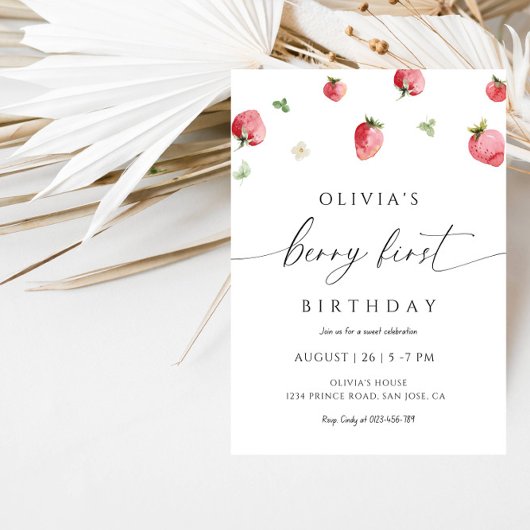 Berry First Birthday Girl - Sweet Strawberry Party 招待状