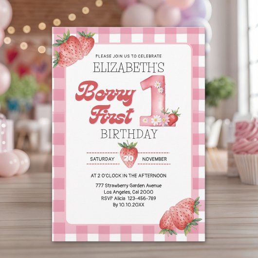 "Berry First Birthday Girl with Strawberry Theme 招待状