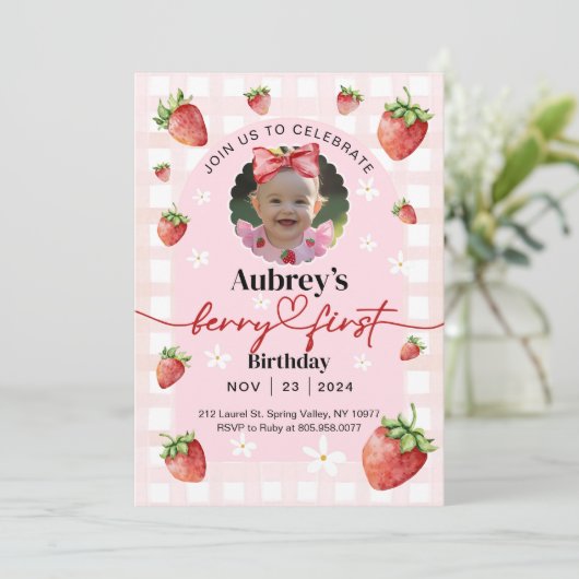 Berry First Birthday Invitation with Photo 招待状 (スタンド正面)