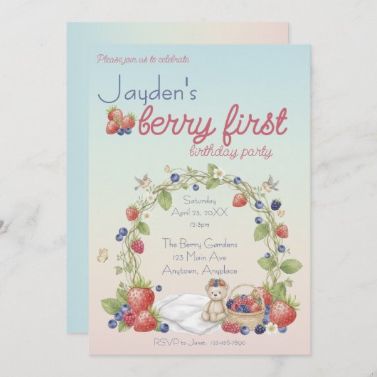 Berry First Birthday Party 招待状 (正面/裏面)