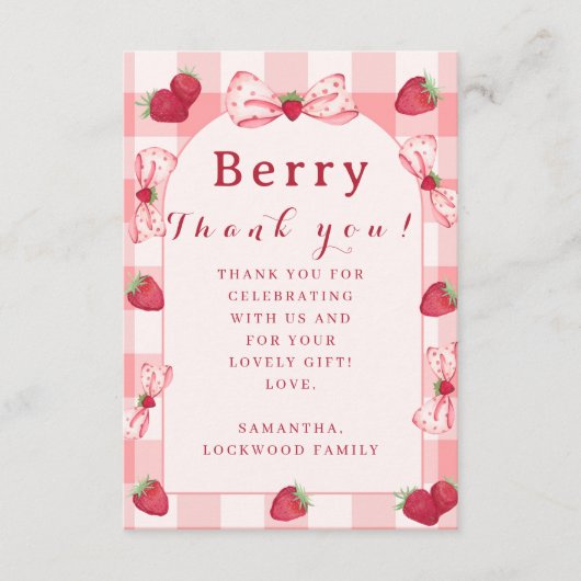 Berry First Birthday Photo Bow Thank You Card (正面)