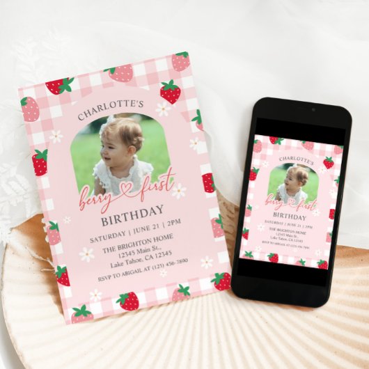 Berry First Birthday Photo Invitation 招待状