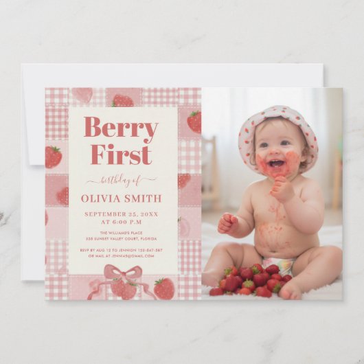 Berry First Birthday Pink Bow Cute Photo 招待状 (正面)