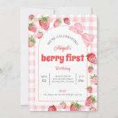 Berry First Birthday Pink Bow Gingham Photo 招待状 (正面)