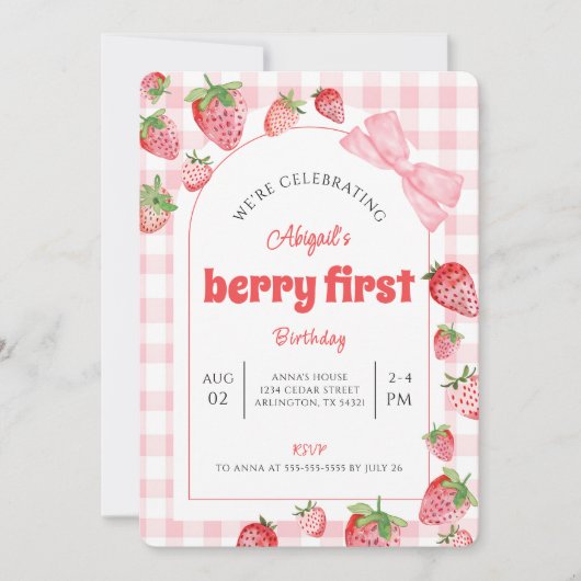 Berry First Birthday Pink Bow Gingham Photo 招待状 (正面)